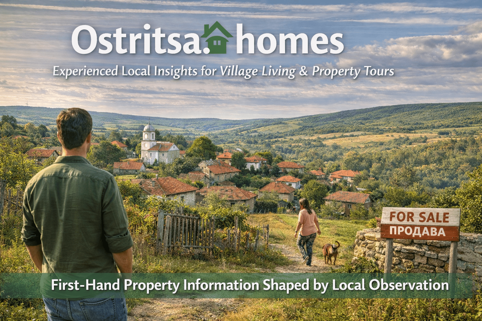 16:9 panoramic view of village Ostritsa in Bulgaria showing traditional houses, church, countryside hills and rural property surroundings.