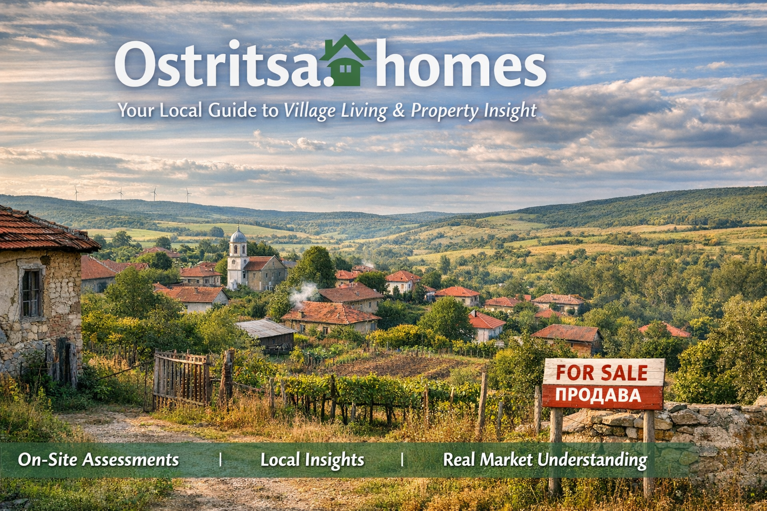 Panoramic 16:9 view of village Ostritsa in Bulgaria showing traditional houses, church, countryside hills and rural property setting.