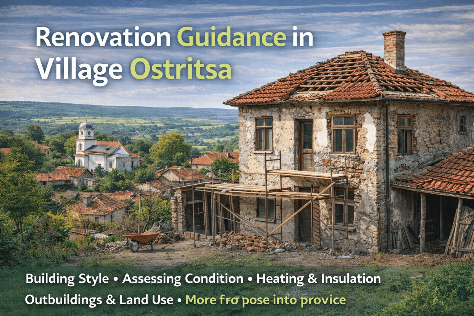 Traditional rural house in village Ostritsa under renovation with scaffolding and clay tile roof, countryside landscape in background.